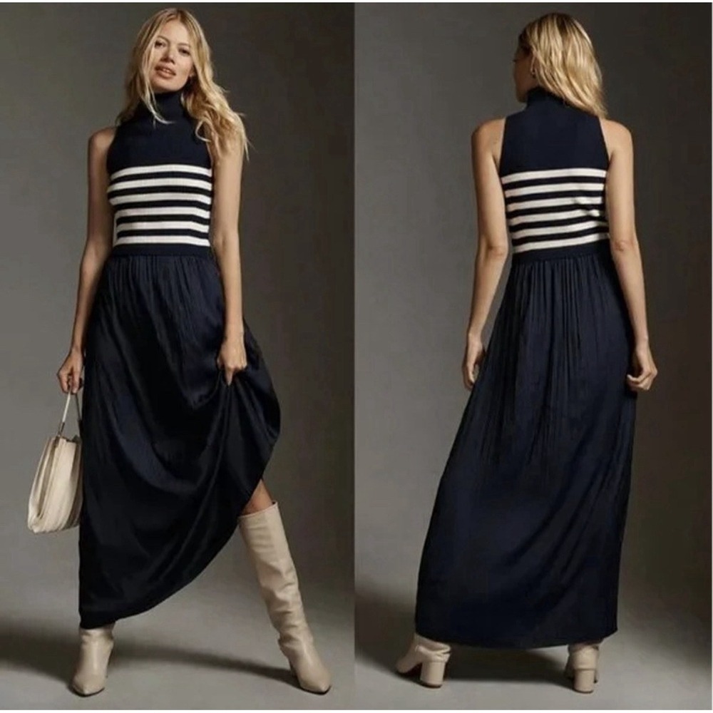 Anthropologie Thea Twofer Maxi Dress L Black White Striped Mock Neck Sleeveless
